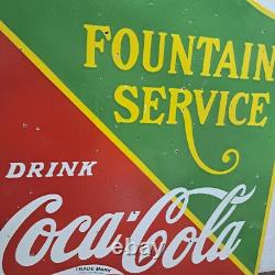 Drink Coca Cola Fountain Service Porcelain Enamel Sign 26 x 23 Inches 2 Sided