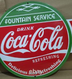 Drink Coca Cola Fountain Service Porcelain Enamel Sign 40 x 16.5 Inches 1 Sided