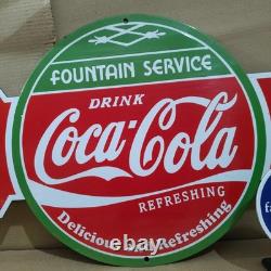 Drink Coca Cola Fountain Service Porcelain Enamel Sign 40 x 16.5 Inches 1 Sided