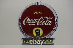 Drink Coca Cola Please Pay Cashier Die Cut Steel Enamel Sign 16hx 13 3/4w