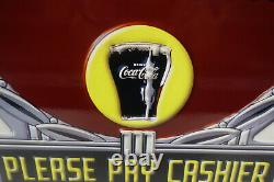 Drink Coca Cola Please Pay Cashier Die Cut Steel Enamel Sign 16hx 13 3/4w