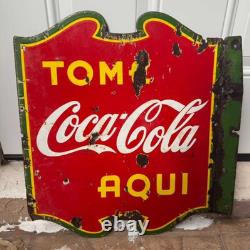 Early In Spanish Tome Coca Cola Porcelain Flange Sign Double Sided 1939