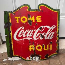 Early In Spanish Tome Coca Cola Porcelain Flange Sign Double Sided 1939