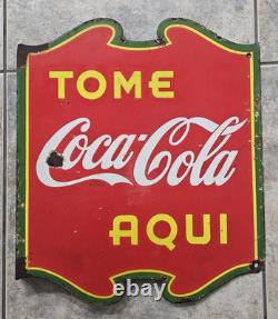 Early In Spanish Tome Coca Cola Porcelain Flange Sign Double Sided 1939