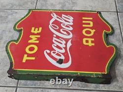 Early In Spanish Tome Coca Cola Porcelain Flange Sign Double Sided 1939