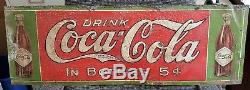 Early Rare Antique 1908 Coca Cola Tin 5 Cent Bottle Sign Original 34.5