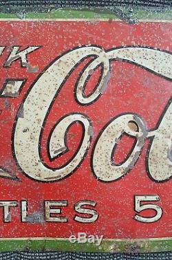 Early Rare Antique 1908 Coca Cola Tin 5 Cent Bottle Sign Original 34.5