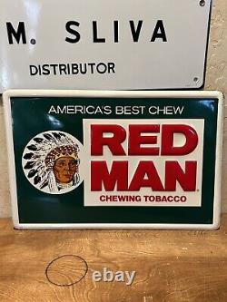 Embossed Original & Authentic''red Man Tobacco'' Painted Metal Sign 12x18 In