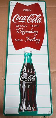 Embossed Tin Coca Cola Fishtail Sign Enjoy That Refreshing New Feeling 36.5x13.5