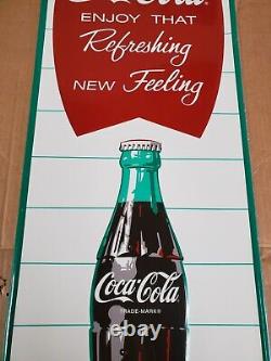 Embossed Tin Coca Cola Fishtail Sign Enjoy That Refreshing New Feeling 36.5x13.5