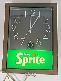 Enjoy Sprite Hanging Wall Clock illuminated Advertisement Sign, Vintage 1970's