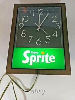 Enjoy Sprite Hanging Wall Clock illuminated Advertisement Sign, Vintage 1970's