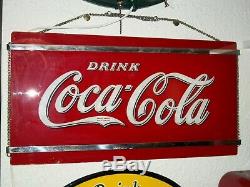 Excellent! 1941 COCA-COLA Reverse GLASS SIGN Art Deco CHROME Bars LARGE RED+Chain