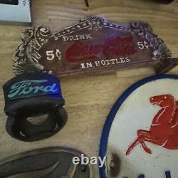 Ford Coca Cola Mobil Sign Set Lot Collector Gas Oil Plaque x5 Pieces Brass Metal