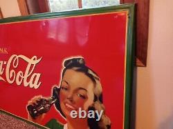 Gorgeous 1940 Coca Cola 56 x 33 sign pretty girl w Coke soda bottle gas oil