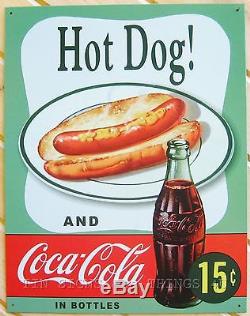 Hot Dog & Coca Cola in bottles 15 cents TIN SIGN vtg retro metal decor coke 1048