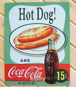 Hot Dog & Coca Cola in bottles 15 cents TIN SIGN vtg retro metal decor coke 1048