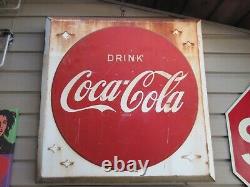 Huge 1930s Coca-Cola Metal Original Beveled Gas Station Advertising Sign