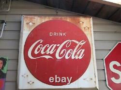 Huge 1930s Coca-Cola Metal Original Beveled Gas Station Advertising Sign