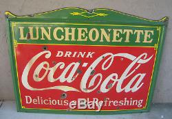 Huge 1933 Luncheonette Drink Coca Cola Porcelain Advertising Sign RARE