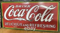 Huge Antique Coca Cola Delicious & Refreshing Heavy Porcelain Sign C. 1930
