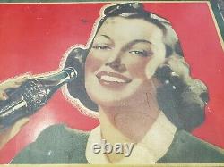 LARGE ORIGINAL VINTAGE 1940s COCA COLA MASONITE SIGN ADVERTISING LADY 54x18