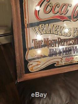 LARGE VINTAGE COCA COLA MIRROR IN WOOD FRAME CLASSIC PUB BAR SIGN (39x27)