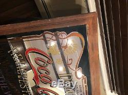 LARGE VINTAGE COCA COLA MIRROR IN WOOD FRAME CLASSIC PUB BAR SIGN (39x27)