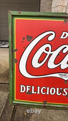 Large 1932 Drink Coca-Cola Porcelain Metal Sign Delicious & Refreshing Signage