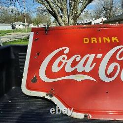 Large 1938 Drink Coca-Cola Double Sided Porcelain Metal Sign Store Advertising