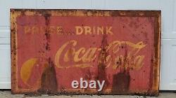 Large 40's Era, Metal Pause Drink Coca Cola Sign Original, 34x57 Vintage