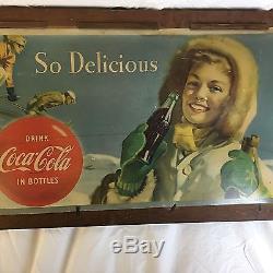Large 50's Coca Cola Double Side Seasonal Cardboard Litho Sign with Kay Wood Frame