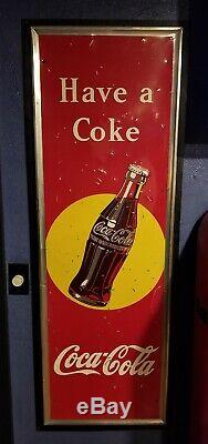Large 54x18 original 1947 Coca Cola nice metal sign with yellow moon gas oil