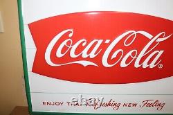 Large Coca Cola Ice Cold Soda Pop Fishtail Logo 28 Embossed Metal Sign
