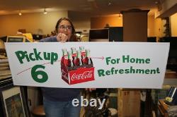 Large Coca Cola Pick Up 6 Home Refreshment Soda Pop 50 Embossed Metal Sign NICE
