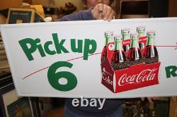 Large Coca Cola Pick Up 6 Home Refreshment Soda Pop 50 Embossed Metal Sign NICE