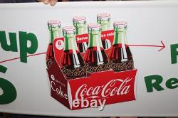 Large Coca Cola Pick Up 6 Home Refreshment Soda Pop 50 Embossed Metal Sign NICE