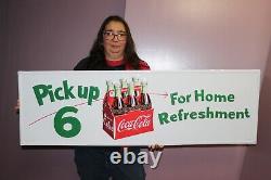 Large Coca Cola Pick Up 6 Soda Pop Grocery Store 50 Embossed Metal Sign