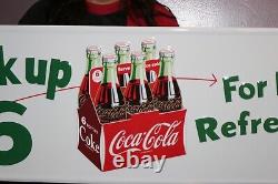Large Coca Cola Pick Up 6 Soda Pop Grocery Store 50 Embossed Metal Sign