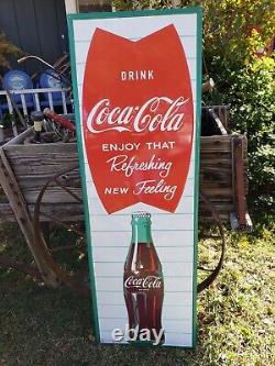 Large Coca Cola Sign Vertical Fishtail Embossed Metal 54x18, Coke, Man Cave