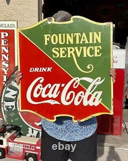 Large Porcelain Coca Cola Fountain Service Sign 25x22.5 double sided