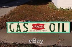Large Rare Vintage c. 1960 Coca Cola Gas Oil Fishtail Soda Pop 96 Metal Sign