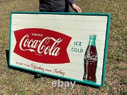 Large Tin Coca Cola Sign Fishtail Green Pin Stripes Refreshing New Feeling