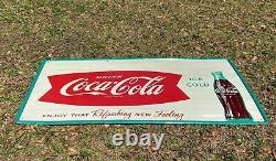 Large Tin Coca Cola Sign Fishtail Green Pin Stripes Refreshing New Feeling