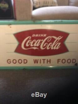 Large VINTAGE Tin Coca Cola Fishtail Sign Good With Food 18x96