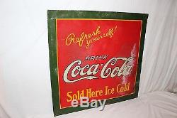 Large Vintage 1927 Drink Coca Cola Sold Here Ice Cold Soda Pop 30 Metal Sign