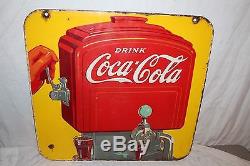 Large Vintage 1939 Coca Cola Soda Fountain Pop 2 Sided 26 Porcelain Metal Sign