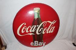 Large Vintage 1950's Coca Cola Bottle Button Soda Pop 36 Metal Sign