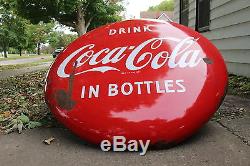 Large Vintage 1950's Coca Cola Button Soda Pop 48 Porcelain Metal Sign