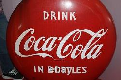 Large Vintage 1950's Coca Cola Soda Pop 36 Curved Button Porcelain Metal Sign